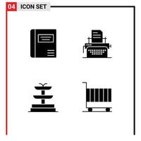 Mobile Interface Solid Glyph Set of 4 Pictograms of book water medical print cart Editable Vector Design Elements