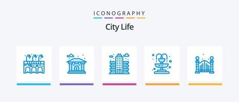 paquete de iconos city life blue 5 que incluye . puente. oficina. la vida. fuente. diseño de iconos creativos vector