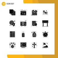 Mobile Interface Solid Glyph Set of 16 Pictograms of ecology room burning office table space Editable Vector Design Elements