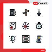 9 Universal Filledline Flat Color Signs Symbols of aim stopwatch lamp report page Editable Vector Design Elements