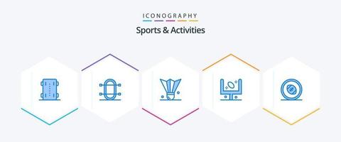Paquete de 25 íconos azules de deportes y actividades que incluye fútbol. americano. remo. equipo deportivo. volante de plumas vector
