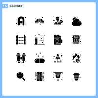 16 Thematic Vector Solid Glyphs and Editable Symbols of protection sun employee shinning cloud Editable Vector Design Elements