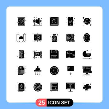 User Interface Pack of 25 Basic Solid Glyphs of space planet shout mobile access approved Editable Vector Design Elements