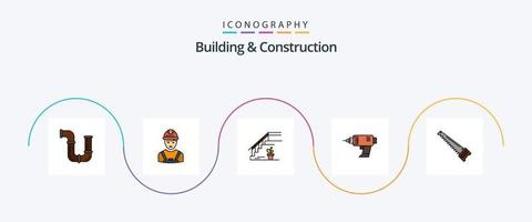 la línea de construcción y construcción llenó el paquete de iconos planos 5 que incluye la máquina. perforar. ingeniero. casa. piso vector