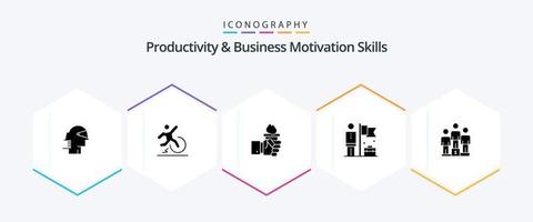 habilidades de productividad y motivación empresarial Paquete de iconos de 25 glifos que incluye al hombre de negocios. logrado. Escapar. olímpico. líder vector