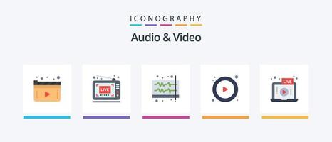paquete de iconos de 5 planos de audio y video que incluye video. jugador. audio. tocar. ola. diseño de iconos creativos vector