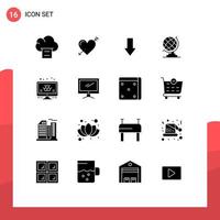 grupo de 16 signos y símbolos de glifos sólidos para monitorear elementos de diseño de vectores editables de globo terráqueo de flecha atómica