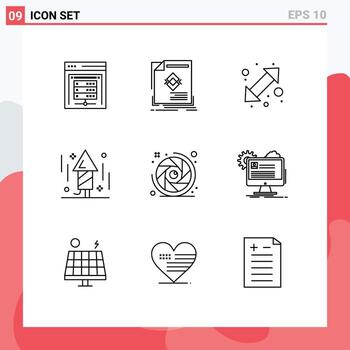 Group of 9 Modern Outlines Set for camera party page fireworks up down Editable Vector Design Elements