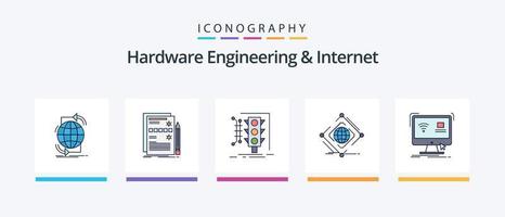 la ingeniería de hardware y la línea de Internet llenaron un paquete de 5 iconos, incluido el ferrocarril. metro. neto. elegante. monitor. diseño de iconos creativos vector