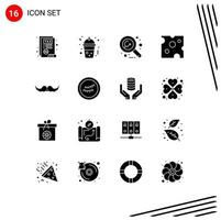 Set of 16 Vector Solid Glyphs on Grid for male hipster study moustache food Editable Vector Design Elements