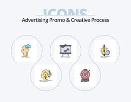 promoción publicitaria y línea de proceso creativo lleno de icono paquete 5 diseño de icono. esquema. algoritmo. medios de comunicación. herramientas. diseñador vector