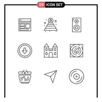 Mobile Interface Outline Set of 9 Pictograms of down user pyramid button school Editable Vector Design Elements