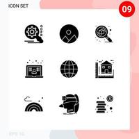 Pack of 9 creative Solid Glyphs of earth globe search user learning Editable Vector Design Elements