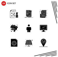 9 Thematic Vector Solid Glyphs and Editable Symbols of human map layout flag newsletter Editable Vector Design Elements