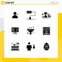 Pack of 9 Modern Solid Glyphs Signs and Symbols for Web Print Media such as funnel report coins marketing chart Editable Vector Design Elements