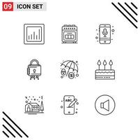 Pack of 9 Modern Outlines Signs and Symbols for Web Print Media such as cyber crime protection mobile lock security Editable Vector Design Elements