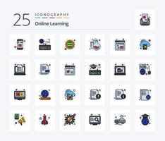 paquete de iconos rellenos de 25 líneas de aprendizaje en línea que incluye tubos de ensayo. matraz. en línea. pasar. escuela vector