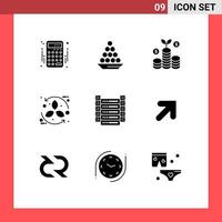 Pack of 9 creative Solid Glyphs of leaf cycle laddu bio investment Editable Vector Design Elements