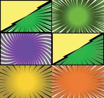 Comic book colorful frames background with halftone rays radial and dotted effects pop art style vector