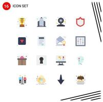Pictogram Set of 16 Simple Flat Colors of down play button camera shield defense Editable Pack of Creative Vector Design Elements