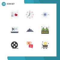 Pack of 9 creative Flat Colors of hill audio editing software multimedia audio editing setting Editable Vector Design Elements