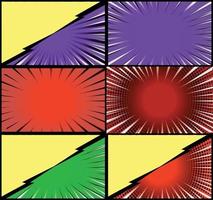 Comic book colorful frames background with halftone rays radial and dotted effects pop art style vector