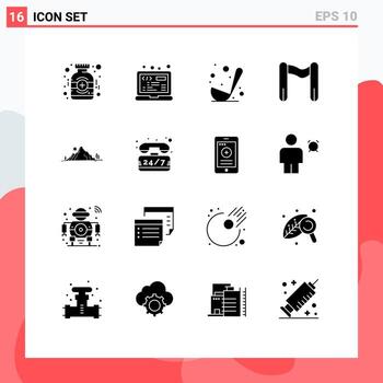 16 glifos sólidos universales establecidos para aplicaciones web y móviles colina montaña cocina comienzo acabado elementos de diseño vectorial editables vector