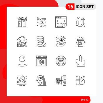 Set of 16 Commercial Outlines pack for data processor alert cloud sign Editable Vector Design Elements