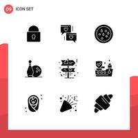 Pack of 9 Modern Solid Glyphs Signs and Symbols for Web Print Media such as love board healthy kegling bowling Editable Vector Design Elements