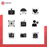 Set of 9 Commercial Solid Glyphs pack for internet web weather cube sewing Editable Vector Design Elements
