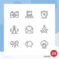 Editable Vector Line Pack of 9 Simple Outlines of draw tool computing drawing shield Editable Vector Design Elements
