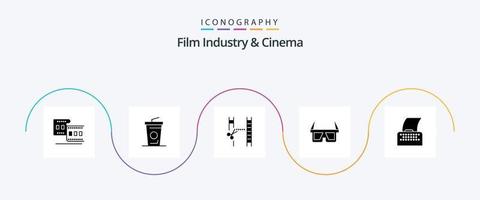 paquete de iconos cenima glyph 5 que incluye texto. guion de cine cinematografía. estéreo. gafas vector