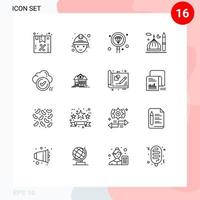 Universal Icon Symbols Group of 16 Modern Outlines of ok muslim develop cresent mosque Editable Vector Design Elements