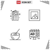 Mobile Interface Line Set of 4 Pictograms of ad coconut juice catalogue photo food Editable Vector Design Elements