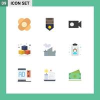 Mobile Interface Flat Color Set of 9 Pictograms of chart landscape cam industry cube Editable Vector Design Elements