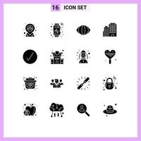 Pictogram Set of 16 Simple Solid Glyphs of complete check eye city builing Editable Vector Design Elements