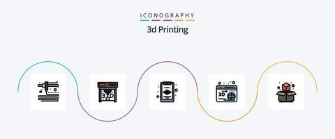 La línea de impresión 3d llenó el paquete de iconos planos 5 que incluye geométrico. . cubo. globo vector