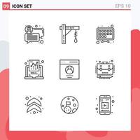 Pack of 9 Modern Outlines Signs and Symbols for Web Print Media such as profile communication internet report document Editable Vector Design Elements