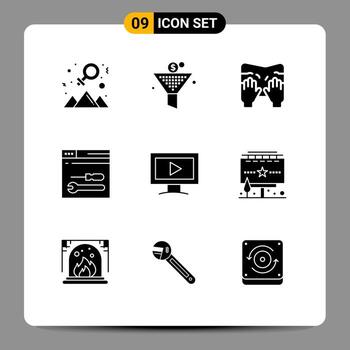 Pictogram Set of 9 Simple Solid Glyphs of screen web massage tools development Editable Vector Design Elements