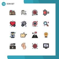 Pictogram Set of 16 Simple Flat Color Filled Lines of heart care reel darts photo goals Editable Creative Vector Design Elements