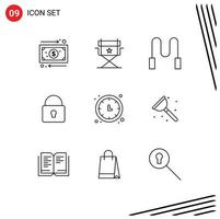 9 Universal Outlines Set for Web and Mobile Applications timer time skipping clock locked Editable Vector Design Elements