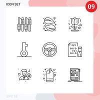 Pictogram Set of 9 Simple Outlines of game controller rose security lock Editable Vector Design Elements