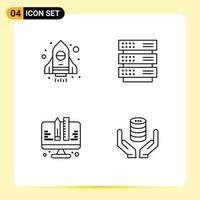 Mobile Interface Line Set of 4 Pictograms of rocket planning server network database Editable Vector Design Elements