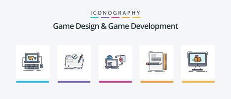 La línea de diseño y desarrollo de juegos llenó el paquete de 5 íconos, incluida la misión. juego. premio. bosquejo. dimensional. diseño de iconos creativos vector