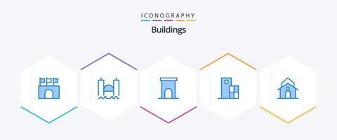 paquete de iconos azules de 25 edificios que incluye reloj. arquitectura. industrial. residencia. casa vector