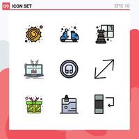 Pack of 9 Modern Filledline Flat Colors Signs and Symbols for Web Print Media such as earphone online summer management analysis Editable Vector Design Elements