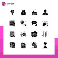 Modern Set of 16 Solid Glyphs and symbols such as human avatar message travel tramway Editable Vector Design Elements