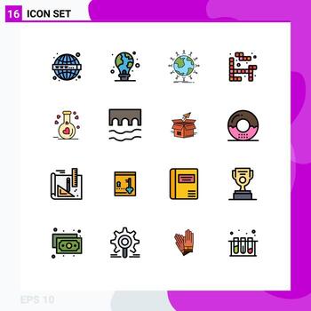 Pack of 16 creative Flat Color Filled Lines of flask game earth tetris globe Editable Creative Vector Design Elements