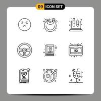 Modern Set of 9 Outlines and symbols such as manual wheel school game controller Editable Vector Design Elements