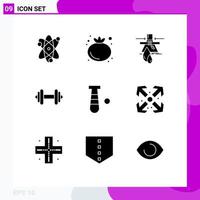 Mobile Interface Solid Glyph Set of 9 Pictograms of bat motivation leak sport dumbbell Editable Vector Design Elements